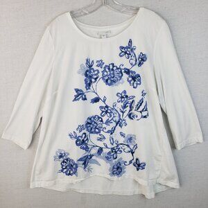 J Jill Top Pima Cotton White Blue Floral Soft Stretch 3/4 Sleeve Hi-Low Hem L